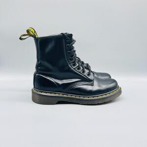 Dr Martens Boot Women 6 Black Leather Ankle Lace Up Combat AirWair Yellow Stitch